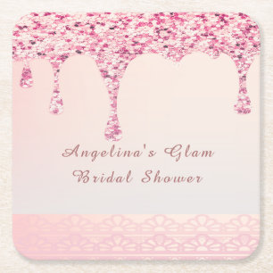Elegante Roze Glam Glitter Drip Bruidsfeest Kartonnen Onderzetters