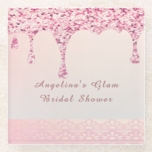 Elegante Roze Glam Glitter Drip Bruiloft Feest Glazen Onderzetter