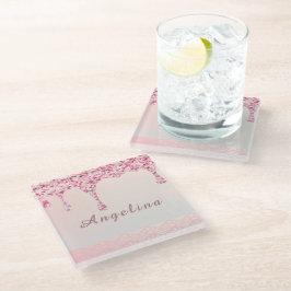 Elegante Roze Glam Glitter Drip Glazen Onderzetter