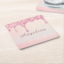 Elegante Roze Glam Glitter Drip Kartonnen Onderzetters