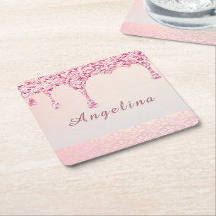 Elegante Roze Glam Glitter Drip Kartonnen Onderzetters