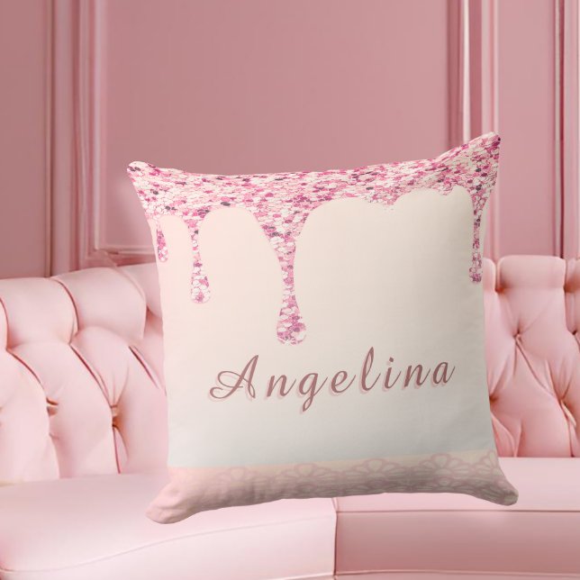 Elegante Roze Glam Glitter Drip  Kussen (Customize this glam pink pillow for bridesmaids—perfect for bridal shower gifts and lounge decor.)