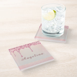 Elegante Roze Glam Glitter Drip Onderzetter