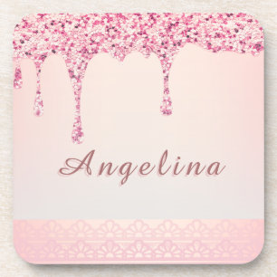 Elegante Roze Glam Glitter Drip Onderzetter