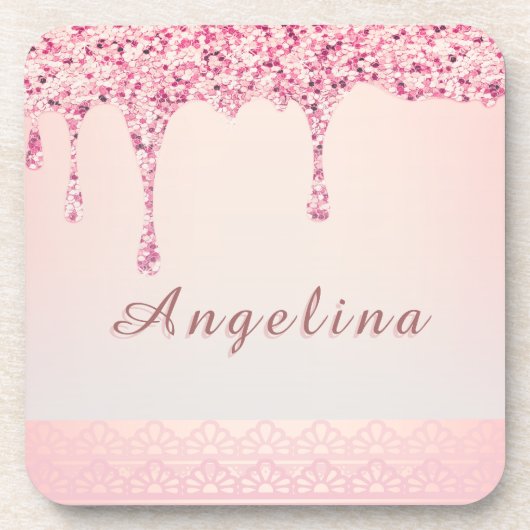 Elegante Roze Glam Glitter Drip Onderzetter (Voorkant)