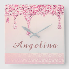 Elegante Roze Glam Glitter Druppel Kant Bruidsdouc Vierkante Klok