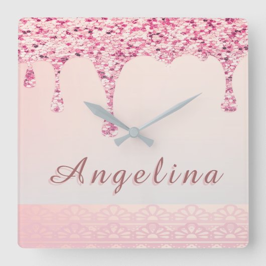 Elegante Roze Glam Glitter Druppel Kant Bruidsdouc Vierkante Klok (Voorkant)
