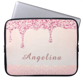 Elegante Roze Glam Glitter Druppel Kant Bruiloftsf Laptop Sleeve