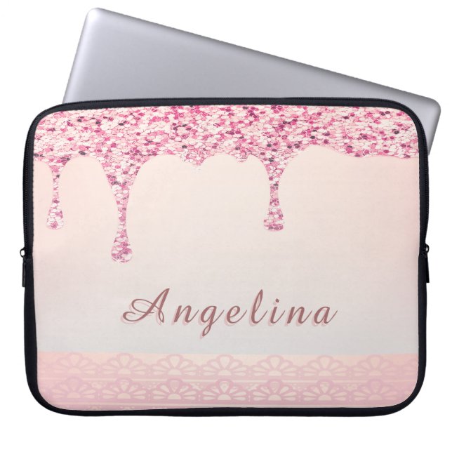 Elegante Roze Glam Glitter Druppel Kant Bruiloftsf Laptop Sleeve (Voorkant)