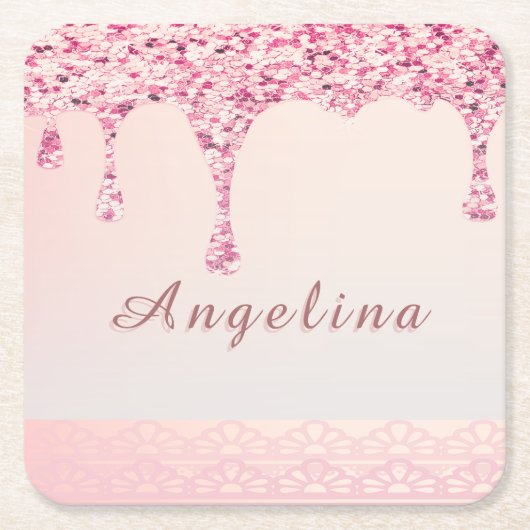 Elegante Roze Glam Glitterslijm Druppel Kartonnen Onderzetters (Voorkant)