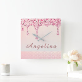 Elegante Roze Glam Glittersuiker Lace Bruiloftssho Vierkante Klok