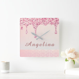 Elegante Roze Glam Glittersuiker Lace Bruiloftssho Vierkante Klok