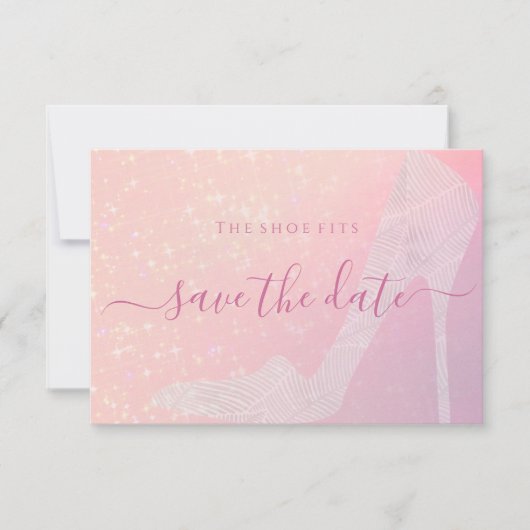 Elegante roze glans Assepoester schoen sprookje Save The Date (Voorkant)