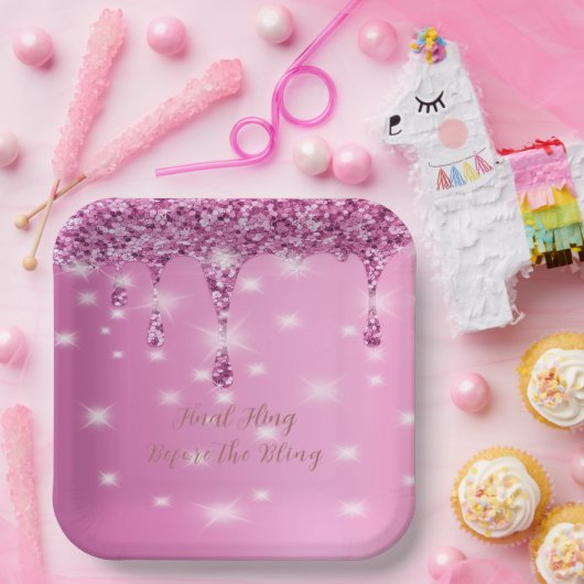 Elegante roze glinsterende druppel vrijgezellenfee papieren bordje (Feest)