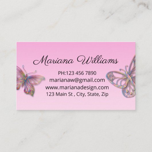 elegante roze gliters die vlinders neerhalen , sti visitekaartje (Achterkant)