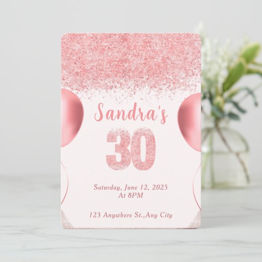 Elegante Roze Glitter 30e verjaardag Uitnodiging (Staand voorkant)