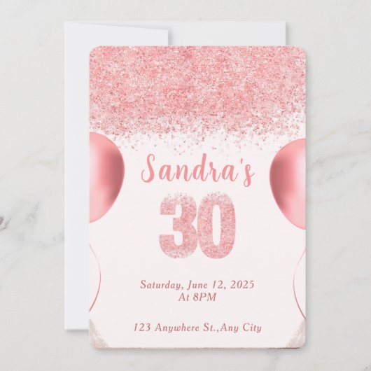 Elegante Roze Glitter 30e verjaardag Uitnodiging (Voorkant)