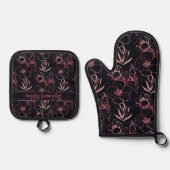 Elegante roze glitter bloemen en bladeren monogram ovenwant & pannenlap set (Voorkant)