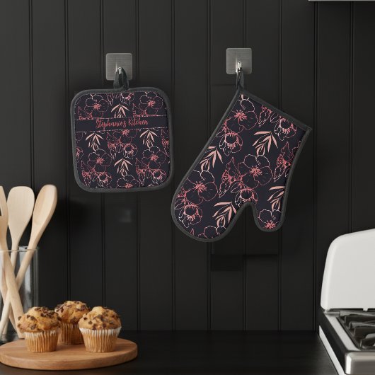 Elegante roze glitter bloemen en bladeren monogram ovenwant & pannenlap set