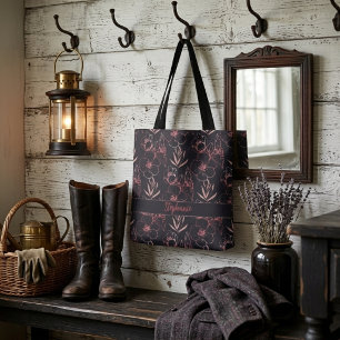 Elegante Roze Glitter Bloemen En Bladeren Monogram Tote Bag
