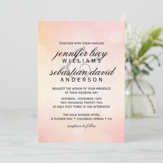 Elegante roze glitter bokeh licht chique bruiloft kaart (Staand voorkant)