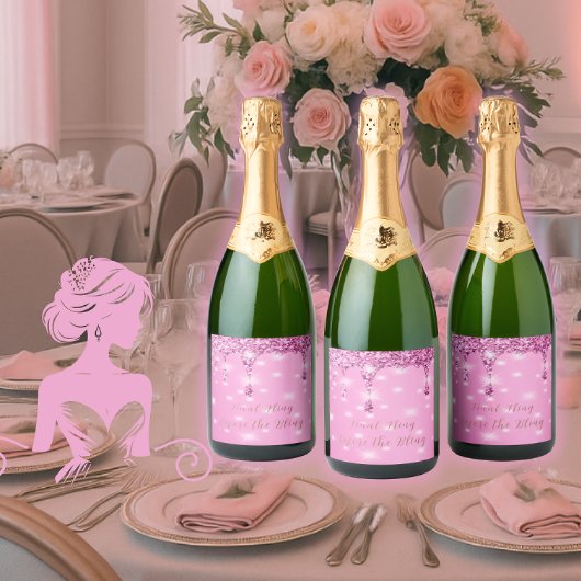 Elegante Roze Glitter Drip Bachelorette Sparkling Wijnetiket