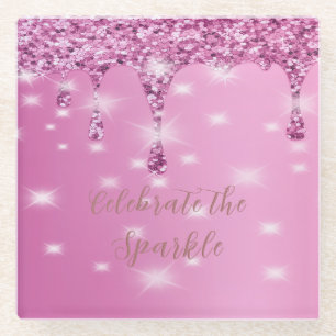 Elegante Roze Glitter Drip Hen Party Glazen Onderzetter