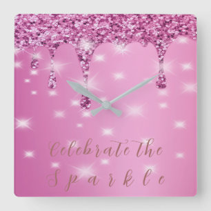 Elegante Roze Glitter Drip Vierkante Klok