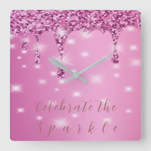 Elegante Roze Glitter Drip Vierkante Klok (Voorkant)