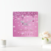 Elegante Roze Glitter Drip Vierkante Klok (Huis)