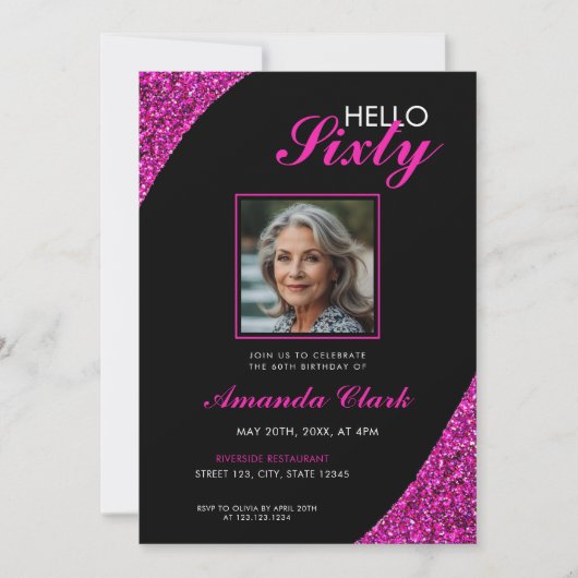 Elegante roze glitter foto 60e verjaardag kaart (Voorkant)