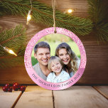 Elegante roze glitter foto Metallic Christmas Keramisch Ornament<br><div class="desc">Dit prachtige ornament heeft een roze geborsteld metaal en een glitterachtergrond en is gepersonaliseerd met uw favoriete foto en familienaam.</div>
