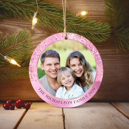 Elegante roze glitter foto Metallic Christmas Keramisch Ornament