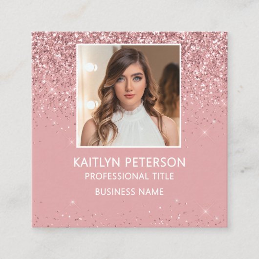 Elegante Roze Glitter Foto QR Code Vierkante Visitekaartje (Voorkant)