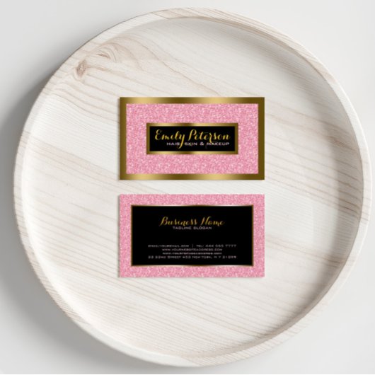Elegante roze glitter gouden & zwarte accenten visitekaartje