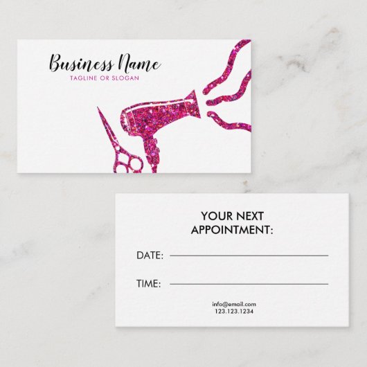 Elegante roze glitter haardroger kapper afsprakenkaartje (Voorkant / Achterkant)
