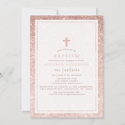 Elegante Roze Glitter Met Doopkruis Kaart (Voorkant)