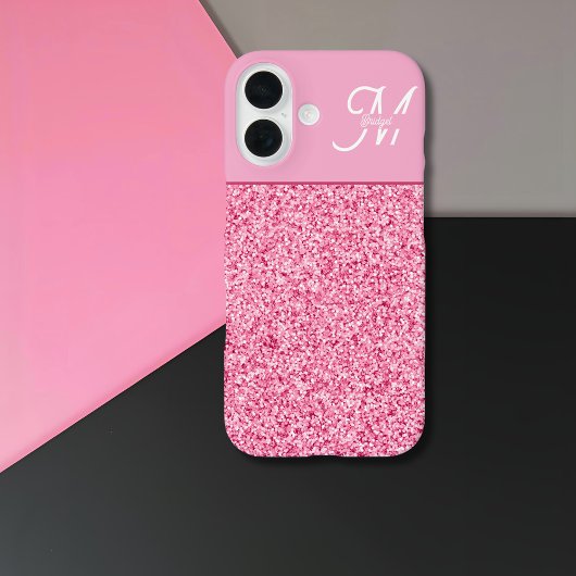 Elegante Roze Glitter Monogram met Naam Schrift Case-Mate iPhone Case