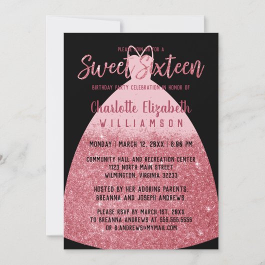 Elegante roze glitter prinses jurk zoet 16 kaart (Voorkant)