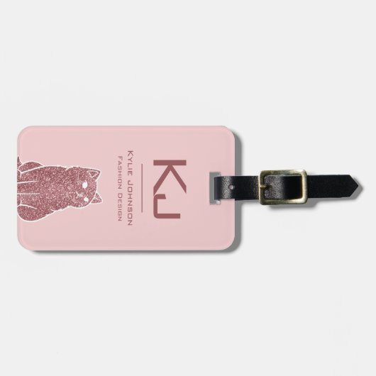Elegante Roze Glitter Schattigee Kat Monogrammed N Bagagelabel (Voorkant horizontaal)