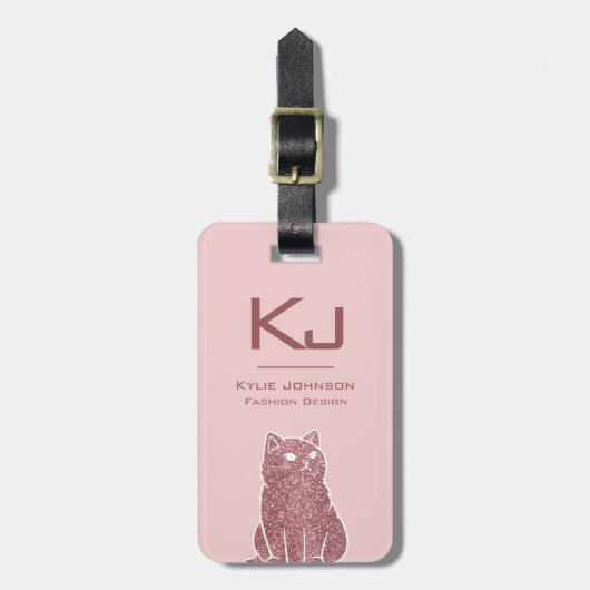Elegante Roze Glitter Schattigee Kat Monogrammed N Bagagelabel (Voorkant verticaal)
