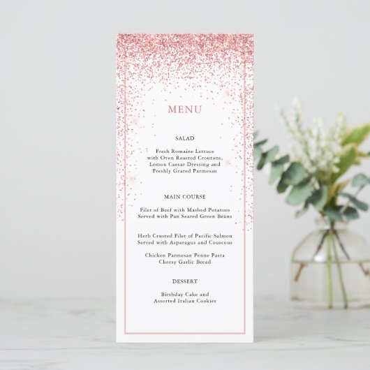 Elegante roze glitter speciale gelegenheid menu (Staand voorkant)