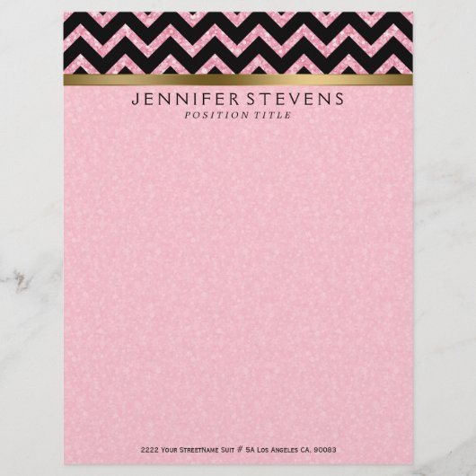 Elegante roze glitter zwart chevron gouden accente briefhoofd ontwerp (Voorkant)