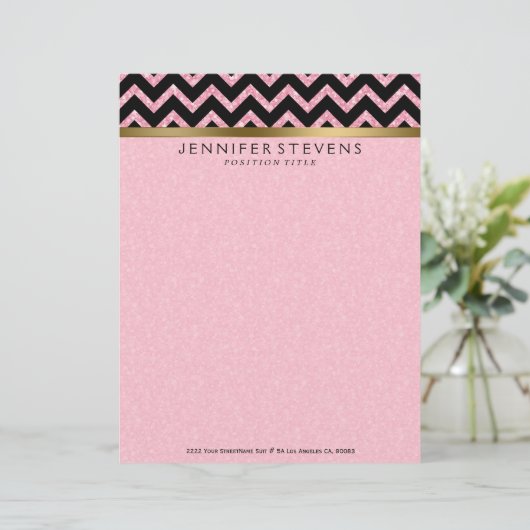 Elegante roze glitter zwart chevron gouden accente briefhoofd ontwerp (Staand voorkant)