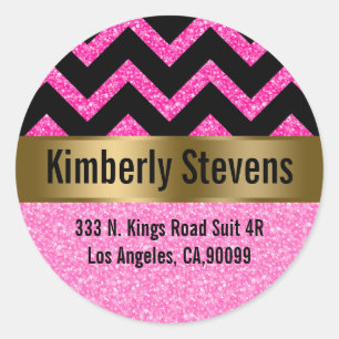 Elegante roze glitter zwart chevron gouden accente ronde sticker