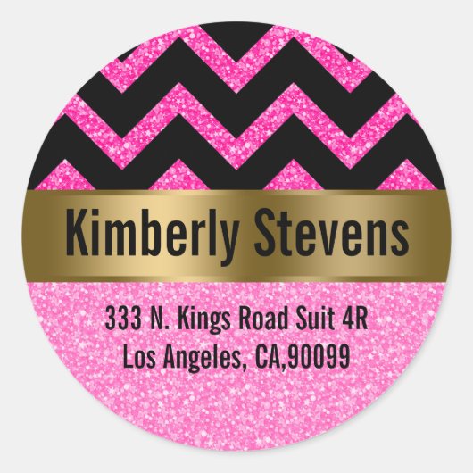 Elegante roze glitter zwart chevron gouden accente ronde sticker (Voorkant)