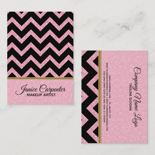 Elegante roze glitter zwart chevron gouden accente visitekaartje (Voorkant / Achterkant)
