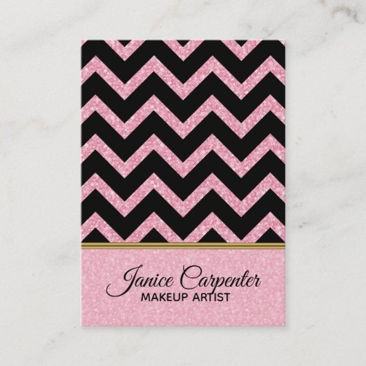 Elegante roze glitter zwart chevron gouden accente visitekaartje (Voorkant)
