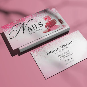 Elegante Roze Glitterende Nagelstyliste Monogram Visitekaartje