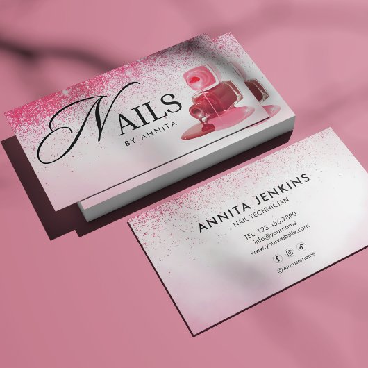 Elegante Roze Glitterende Nagelstyliste Monogram Visitekaartje